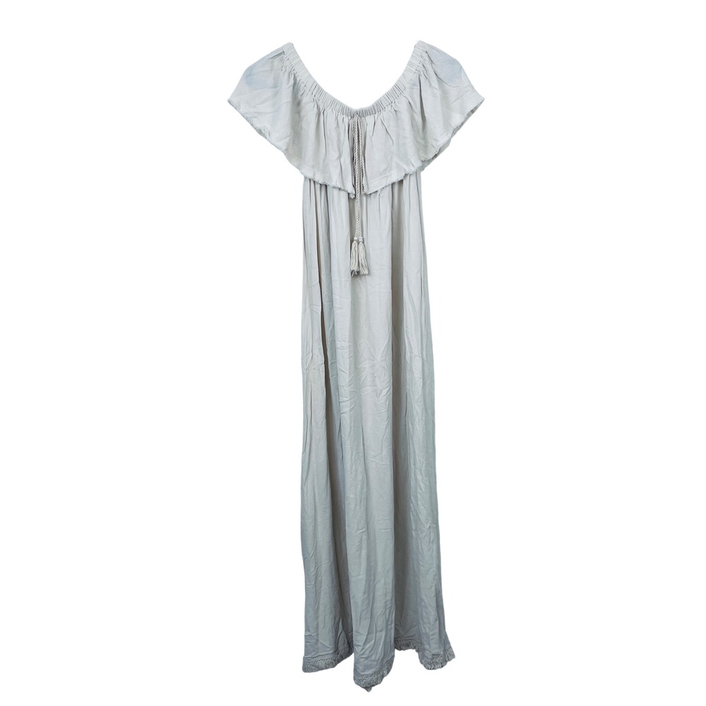 Easel Los Angeles Womens Small Beige Cotton Linen Off Shoulder Maxi Dress